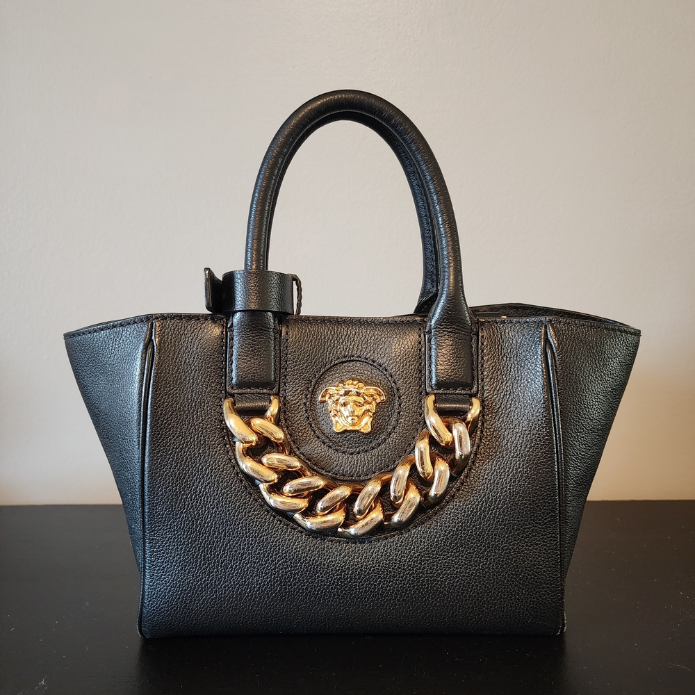 Versace Black & Gold Small Leather Tote With Tags & Dustbag
